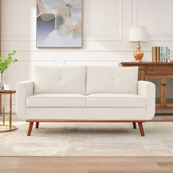 LONTAI 65" W Loveseat Sofa, Mid Century Modern Love Seat Couches for Living Room, Button Tufted Upholstered Sofa Couch for Bedroom, Soft Love Seats Furniture, Beige