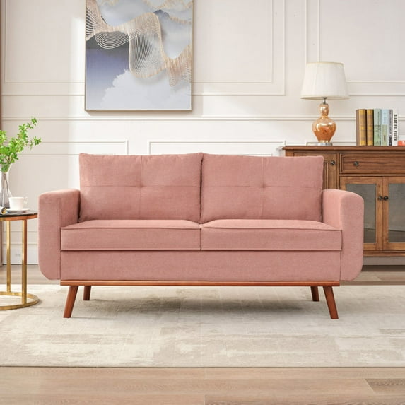 LONTAI 65" W Loveseat Sofa, Mid Century Modern Love Seat Couches for Living Room, Button Tufted Upholstered Sofa Couch for Bedroom, Soft Love Seats Furniture, Pink