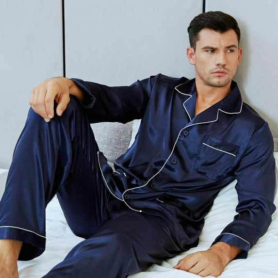 LONXU Men's Pajamas Long Sleeve Silk Satin Luxury Drawstring Nightwear Sets S - XXXXL