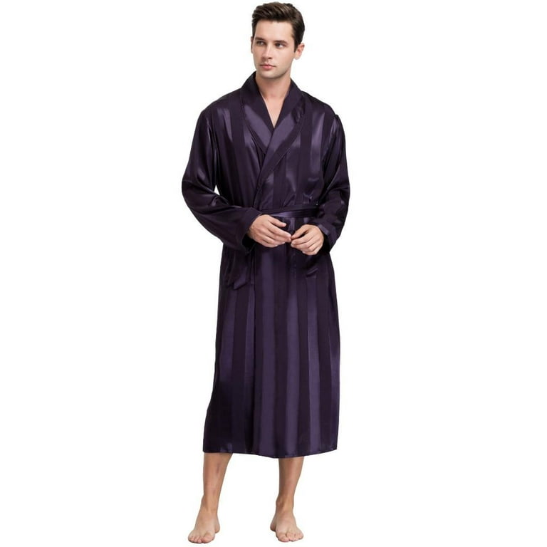LONXU Men's Pajamas Long Sleeve Silk Satin Robe Luxury Drawstring