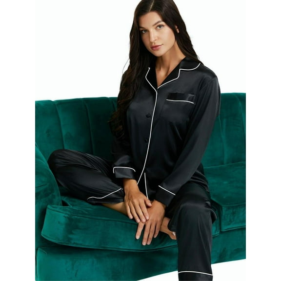 LONXU Women's Sleepwear Silk Satin Luxury Nightwear Sets Black L