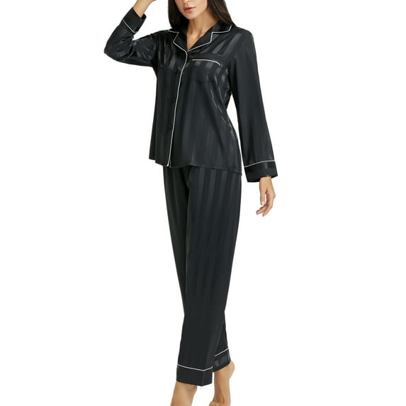 Lonxu Women's Satin Pajama Set, Long Sleeve & Pants, Soft Sleepwear, Pink