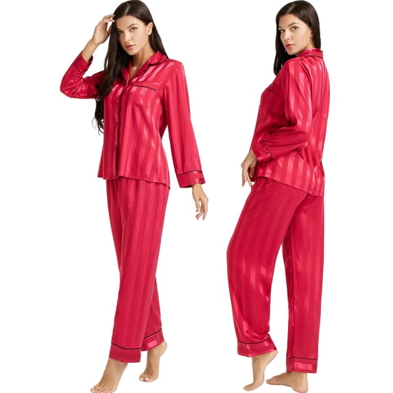 LONXU Womens Satin Pajama Set Long Sleeve Lounge Sets Two Piece Button Down Shirts and Pants PJs Soft Sleepwear Set Plus XS-XXXL