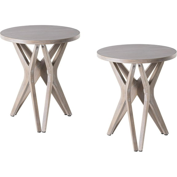 Pedestal Farmhouse End Table Set of 2, Distressed Top with Tripod Base Bedside Table for Living Room, Modern, Boho Decor, Round (2-Pack, Distressed Aah Grey)