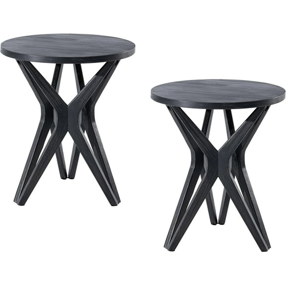 Hanyu Pedestal Farmhouse End Table Set of 2, Distressed Top with Tripod Base Bedside Table for Living Room, Modern, Boho Decor, Round (2-Pack, Distressed Black)