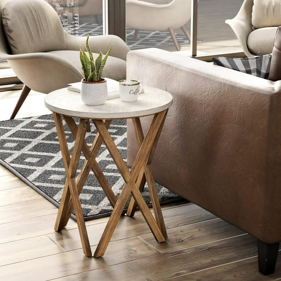 LONYKE Round End Table, Distressed White Top with 4-Legs Base Beside Table for Modern Farmhouse, Boho Decor, White and Natural