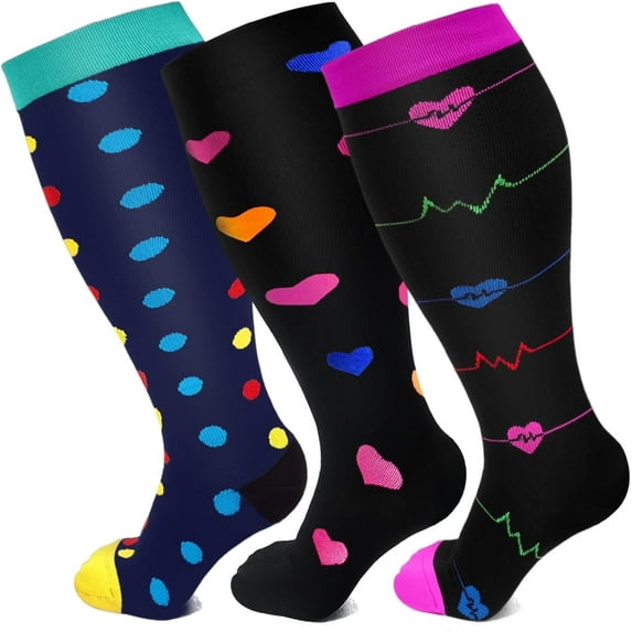 LOOIKOOS 3 Pairs Plus Size Compression Socks for Women,Breathable Athletic Socks(Multicolour, 2XL)
