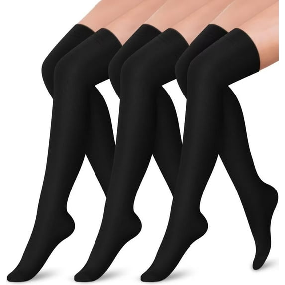 LOOIKOOS 3 Pairs Women Thigh High Compression Socks, Unisex over Knee Length Socks (Black, L/XL)