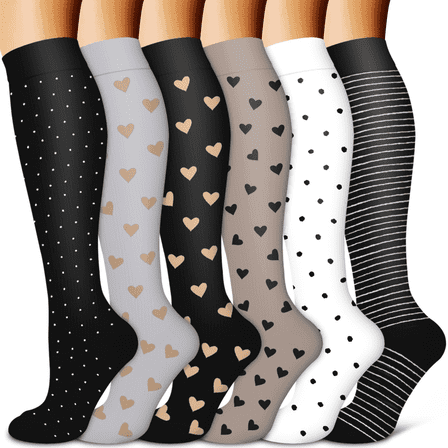 LOOIKOOS 6 Pairs Compression Sports Socks Women, Heart pattern Breathable High Tube Socks For Running Cycling Soccer Hiking Travel