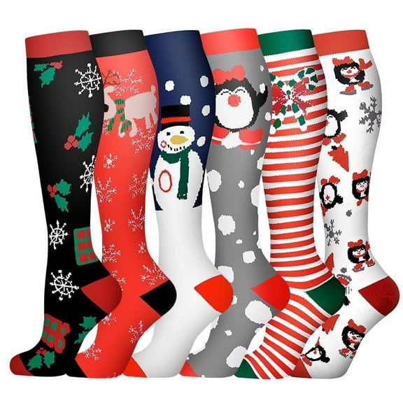 LOOIKOOS 6 Pairs Unisex Christmas Compression Socks Women, Men Compression Socks Xmas Athletic Knee High Socks Running Holiday Travel Flight