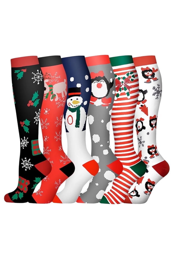 6 Pairs Unisex Christmas Compression Socks Women, Men Compression Socks Xmas Athletic Knee High Socks Running Holiday Travel Flight