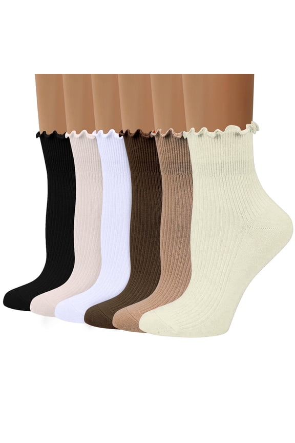 6 Pairs Women Ruffle Socks, Cute Ruffle Ankle Socks for Teen Soft Breathable Crew Socks