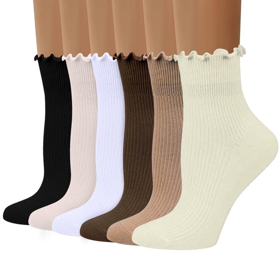 LOOIKOOS 6 Pairs Women Ruffle Socks, Cute Ruffle Ankle Socks for Teen Soft Breathable Crew Socks