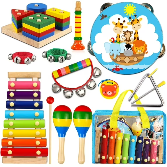 LOOIKOOS Toddler Musical Instruments, Wooden Percussion Instruments for Kids Preschool Educational Musical Toys Set Boys Girls with Carrying Bag
