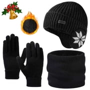 Winter Knit Beanie Hat Neck Warmer Scarf and Touch Screen Gloves Set Warm and thick(Black)