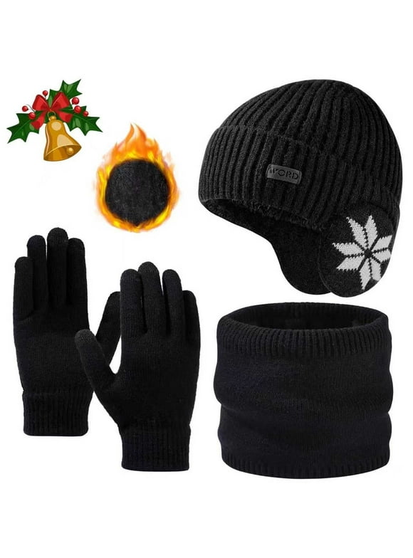 Winter Knit Beanie Hat Neck Warmer Scarf and Touch Screen Gloves Set Warm and thick(Black)