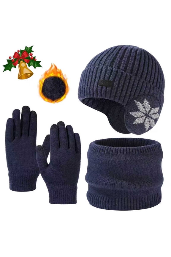 Winter Knit Beanie Hat Neck Warmer Scarf and Touch Screen Gloves Set Warm and thick(Navy Blue)