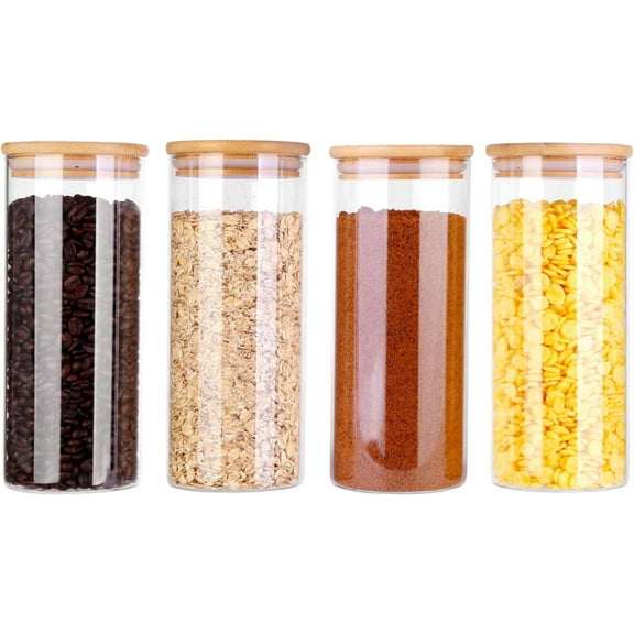 Panzexin 31oz Glass Storage Jars with Airtight Bamboo Lids - 4-Pack, Food Canisters for Pantry Organization - Ideal for Coffee, Flour, Sugar, Cereal, Rice & Dry Foods