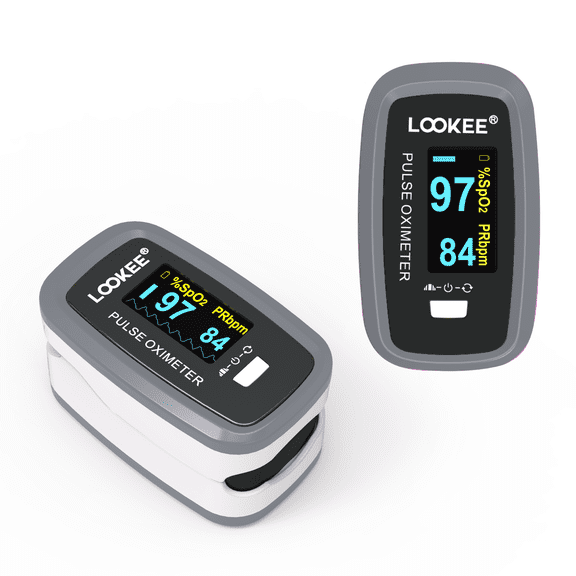 LOOKEE Premium Fingertip Pulse Oximeter Finger Monitor | Oxygen Finger Monitor with Auto Rotate OLED Display Plethysmograph Waveform & Pulse Graph | Batteries and Lanyard Included