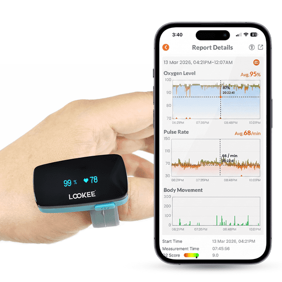 LOOKEE O2-Tracker Ring Continuous Pulse Oximeter - Wearable Oxygen Monitor with Vibration Reminder for Low O2 - Rechargeable Blood Oxygen Saturation SpO2 Meter - Free APP with Reports