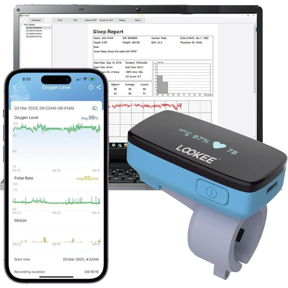 LOOKEE Ring-Pro Wearable Oxygen Finger Monitor with Vibration Reminder |  Continuous Pulse Oximeter With  Free PC and APP Reports