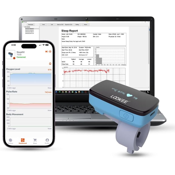 LOOKEE Ring-Pro Wearable Oxygen Finger Monitor with Vibration Reminder |  Continuous Pulse Oximeter With  Free PC and APP Reports