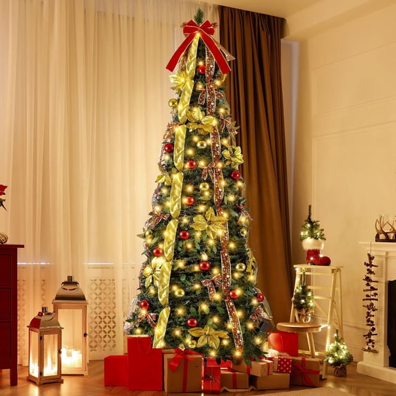 LOOKFLY 7.5ft Pre-Lit Green Christmas Tree with Warm White LED Lights, Artificial Xmas Tree with Hinged Branches, Foldable Design and Metal Stand for Home, Office and Holiday Decorations