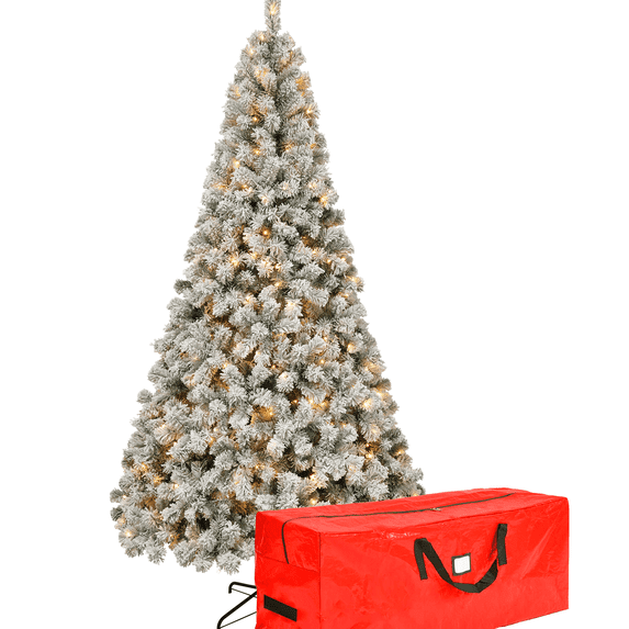 Yexmas 7ft Pre-Lit Snow-Flocked Christmas Tree, Warm White LED Lights, 8 Lighting Modes, Hinged Branches, Storage Bag and Sturdy Metal Stand