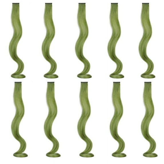 LOOKSEVEN 10 Pcs Colored Hair Extensions Party Highlights, Arctic Green Curly Wavy Hairpiece Clip in Synthetic Streak for Kids Girls Women 14 Inch