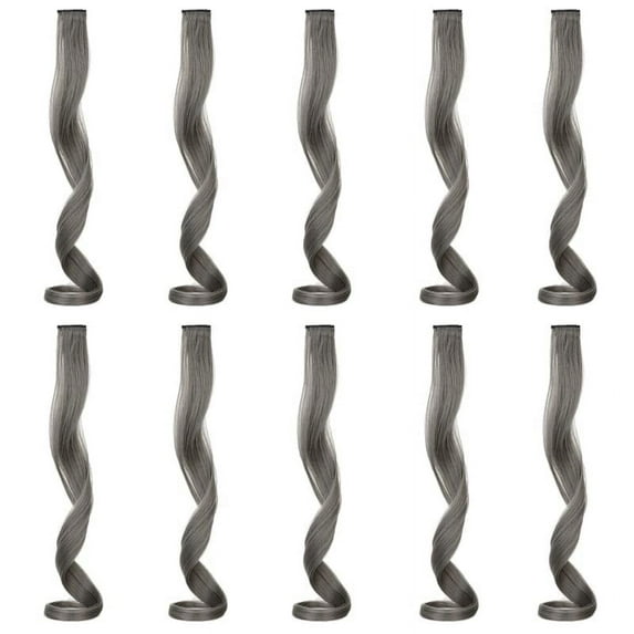LOOKSEVEN 10 Pcs Colored Hair Extensions Party Highlights, Dark Gray Curly Wavy Hairpiece Clip in Synthetic Streak for Kids Girls Women 14 Inch