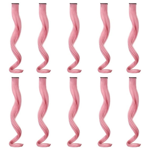LOOKSEVEN 10 Pcs Colored Hair Extensions Party Highlights, Sakura Pink Curly Wavy Hairpiece Clip in Synthetic Streak for Kids Girls Women 14 Inch
