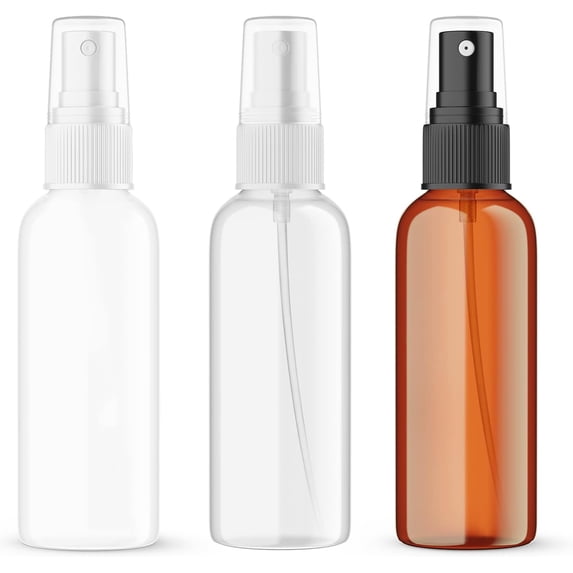 LOOKSEVEN 100ml Plastic Essential Oil Spray Bottle 3.4OZ Three Color - Clear, White, Amber, Small Spray Bottle with Plastic Sprayer - Set of 3