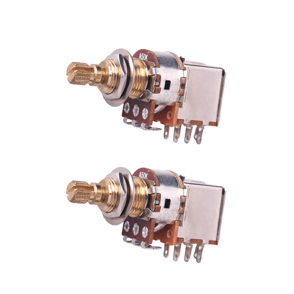 LOOKSEVEN 2-Pack A50K Full Brass Push-Push Guitar Pots – 3/8" Thread Long Shaft Audio Taper (18-Spline)