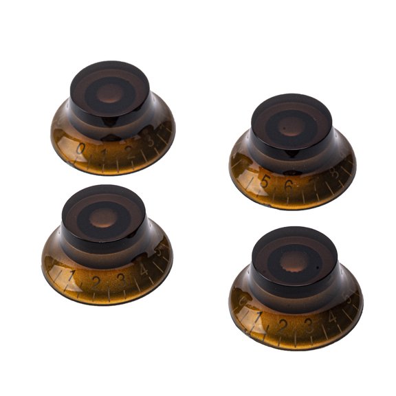 LOOKSEVEN 4-Pack 50s Style Top Hat Bell Guitar Knobs Volume Tone Control Knobs for for Les Paul Style & SG Style Electric Guitar - Brown + Gold (White Letter)