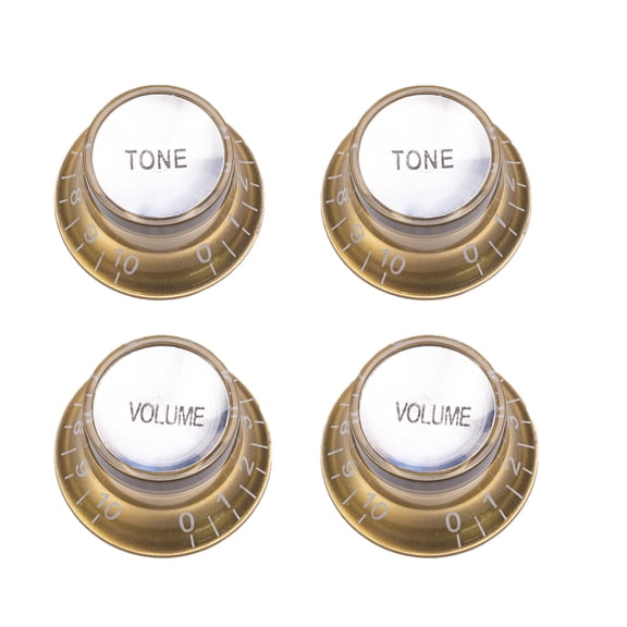 LOOKSEVEN 4 Pcs 60s Guitar Reflector Knobs Top Hat Knobs Fits LP Epiphone SG- Gold (White Letter)