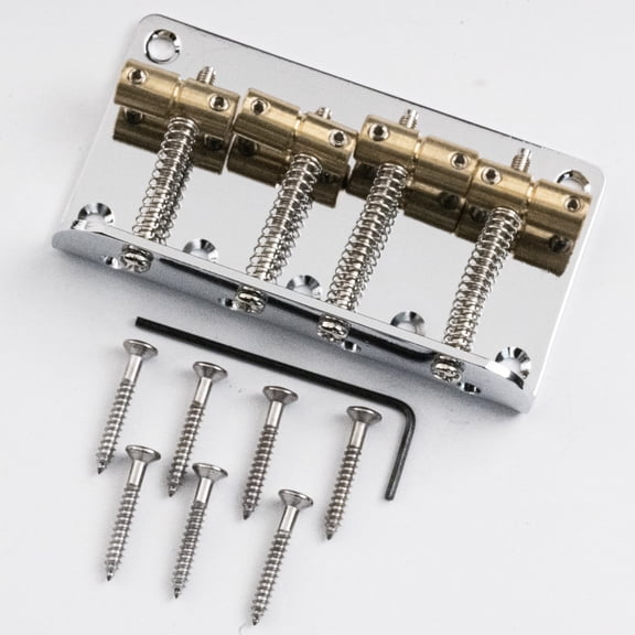 LOOKSEVEN 4-String Electric Guitar Bridge Replacement, Chrome Fixed Tele Bridge with Brass Saddles & Spring Loaded Screws for Telecaster Guitar Parts-Gold