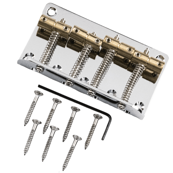 LOOKSEVEN 4-String Electric Guitar Bridge Replacement, Chrome Fixed Tele Bridge with Brass Saddles & Spring Loaded Screws for Telecaster Guitar Parts