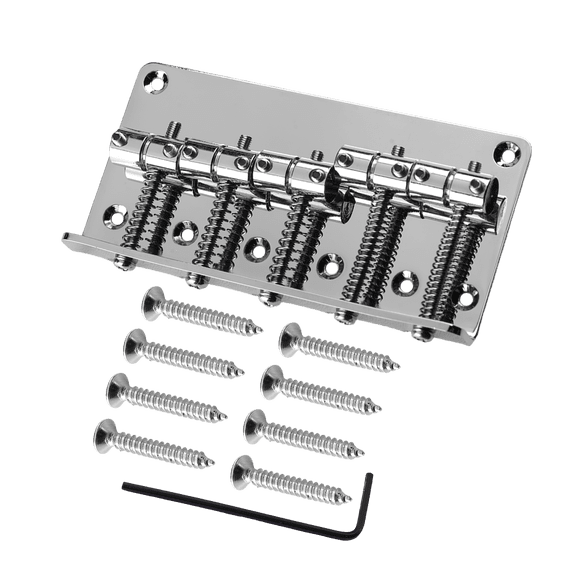 LOOKSEVEN 5 String Fixed Electric Bass Bridge, Black/Chrome/Gold 5-String Bass Guitar Replacement Parts with Screws & Wrench-chorme
