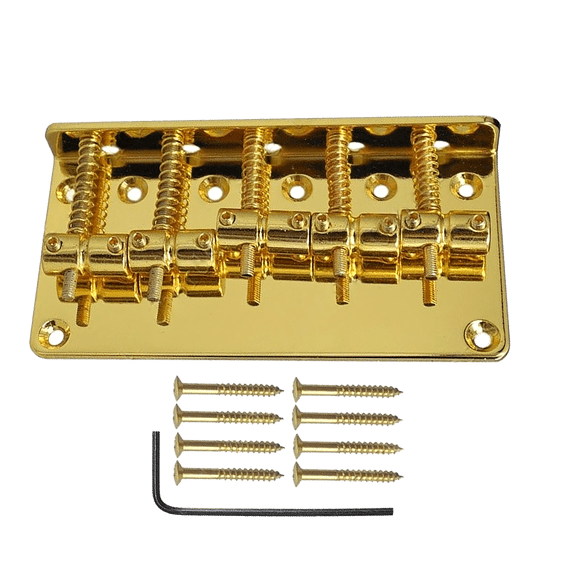 LOOKSEVEN 5 String Fixed Electric Bass Bridge, Black/Chrome/Gold 5-String Bass Guitar Replacement Parts with Screws & Wrench-gold