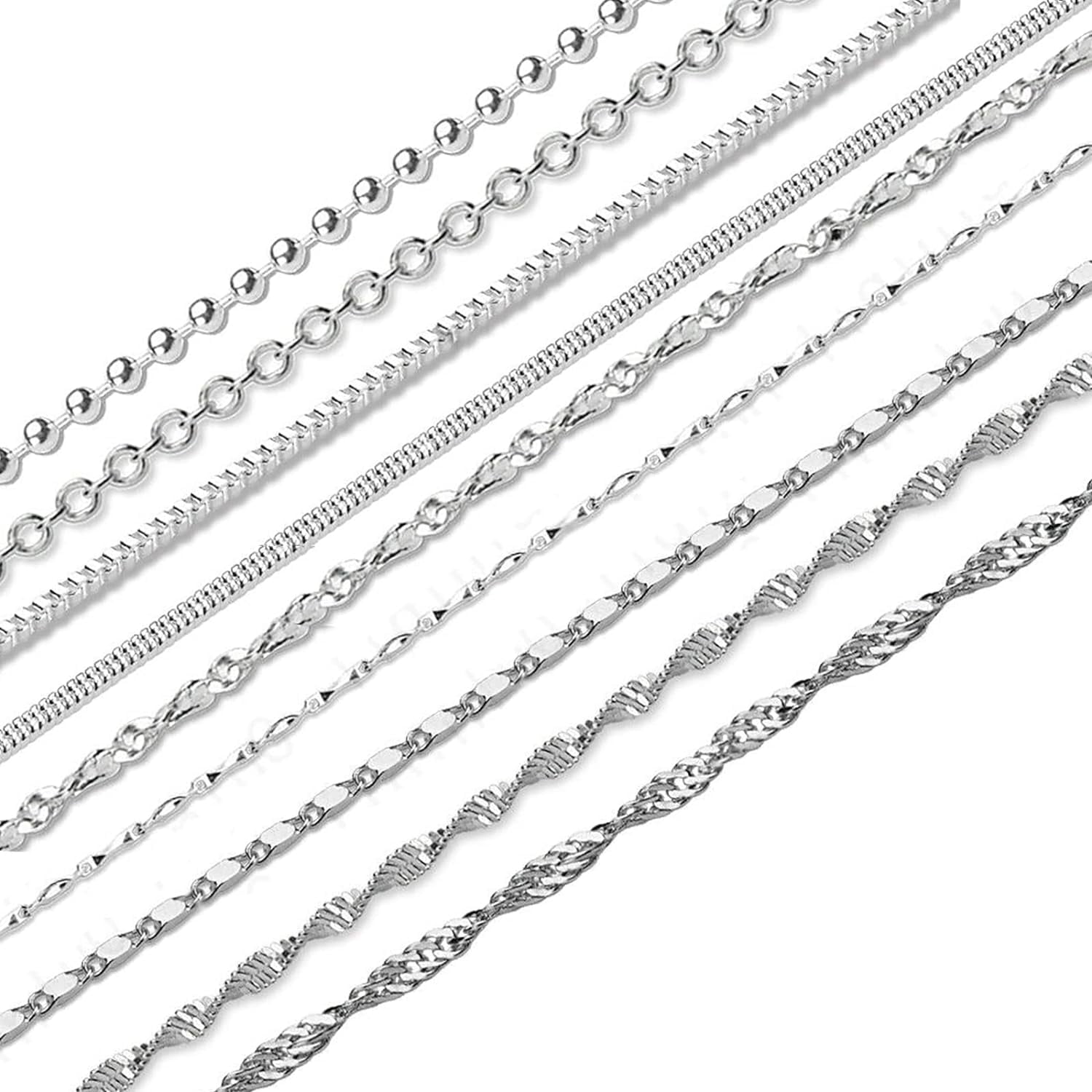 LOOKSEVEN 9 Pack Silver Plated Chain 1624 Inches 9 Shape Styles Mixed Chain Necklace Whaline