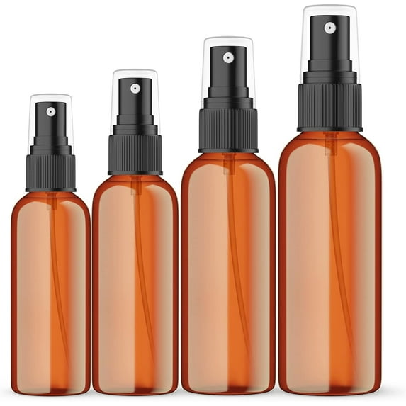 LOOKSEVEN Amber Plastic Essential Oil Spray Bottle Four Size - 1oz, 1.7oz, 2oz and 3.4oz, Small Spray Bottle with Plastic Sprayer - Set of 4