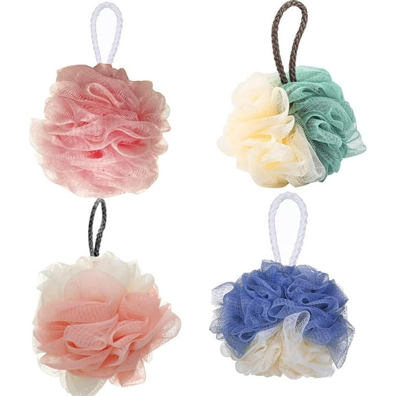 LOOKSEVEN Bath Sponge Shower Loofahs, 4 Color, 50g/Piece, Mesh Pouf Bath Scrunchies Body Wash Puff(Set of 4)