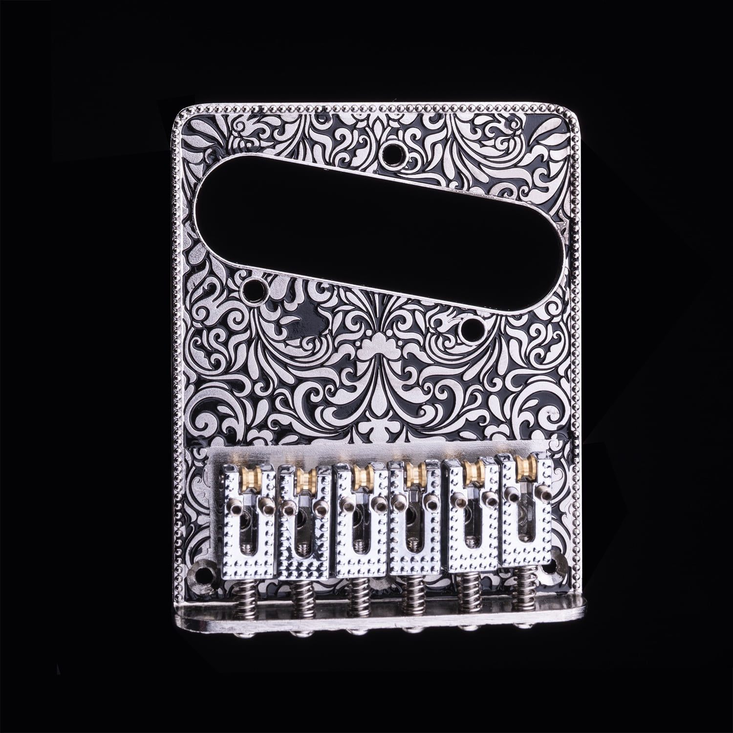 LOOKSEVEN Engraved Vintage 6 String Tele Style Electric Guitar Bridge, Adjustable Saddles, Hand-Carved Floral Pattern, Multiple Finishes Available-chorme
