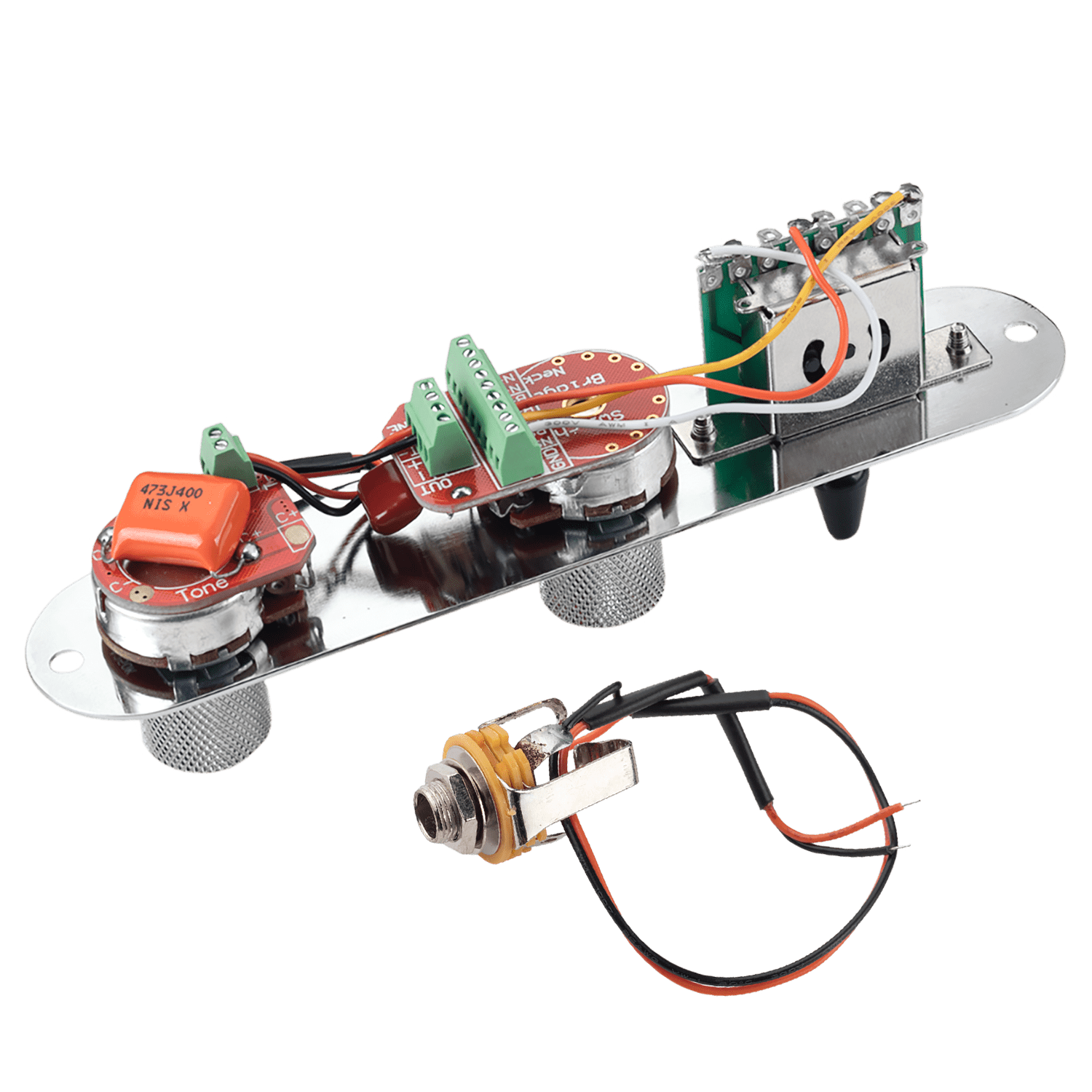 LOOKSEVEN Solderless Pre-Wired Control Plate Kit with 3-Way Switch, Aluminum Shaft Pot (1 Volume 1 Tone) Wiring Harness Easy Plug & Play Upgrade with Treble-Bleed Circuit for Telecaster Guitars