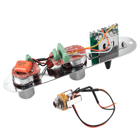 LOOKSEVEN Solderless Pre-Wired Control Plate Kit with 3-Way Switch, Aluminum Shaft Pot (1 Volume 1 Tone) Wiring Harness Easy Plug & Play Upgrade with Treble-Bleed Circuit for Telecaster Guitars