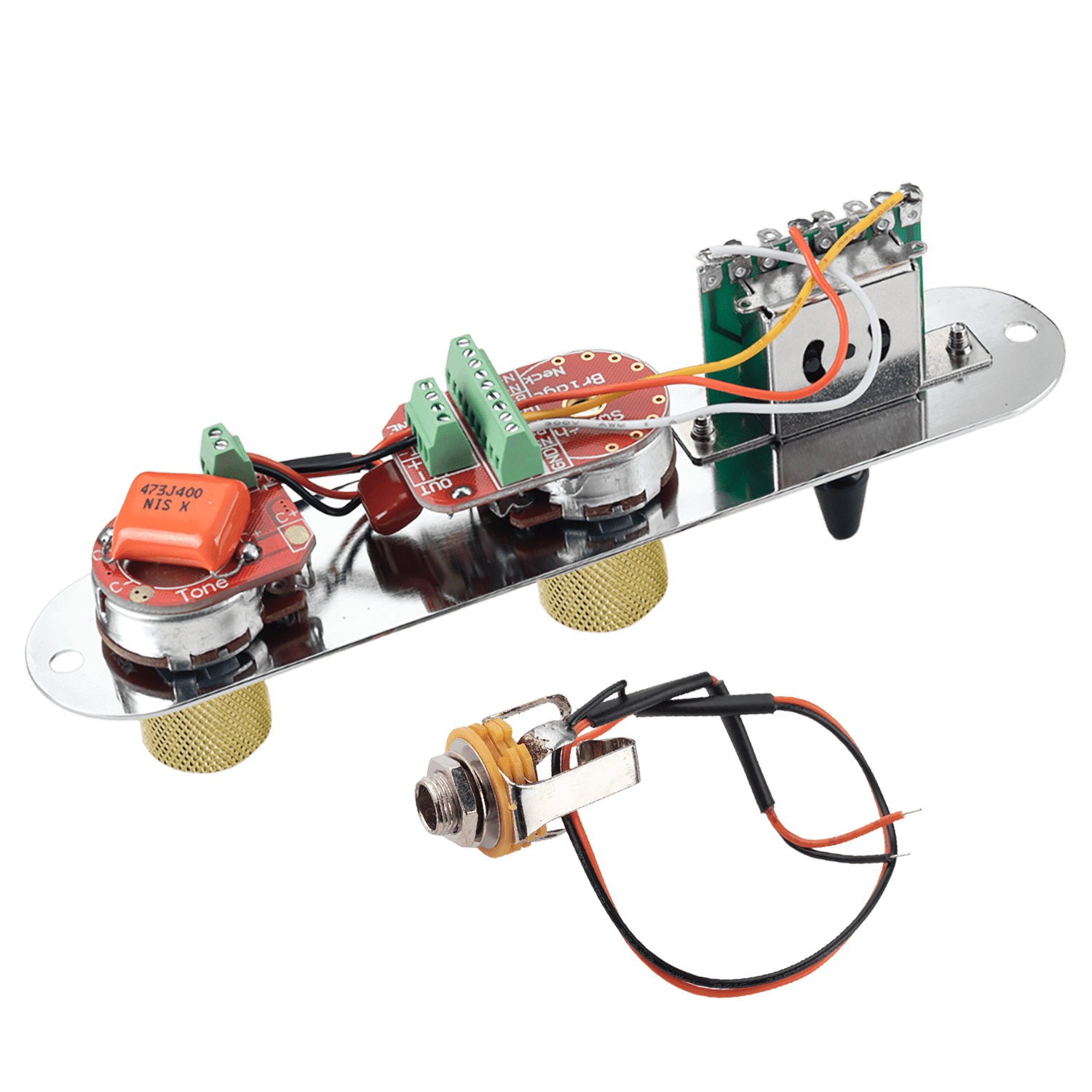 LOOKSEVEN Solderless Pre-Wired Control Plate Kit with 3-Way Switch, Aluminum Shaft Pot (1 Volume 1 Tone) Wiring Harness Easy Plug & Play Upgrade with Treble-Bleed Circuit for Telecaster Guitars