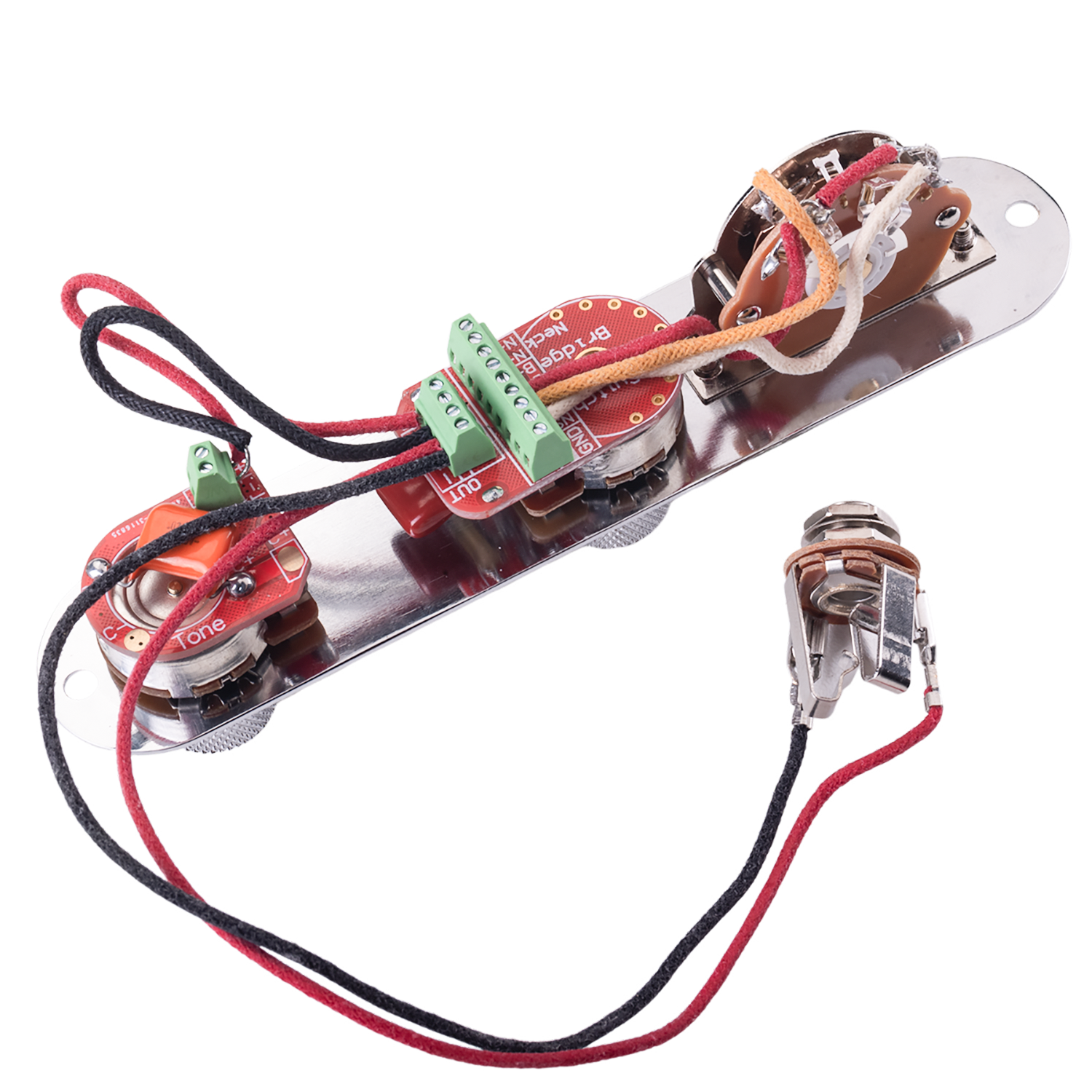 LOOKSEVEN Solderless Pre-Wired Control Plate Kit with 3-Way Switch, Brass Shaft Pot (1 Volume 1 Tone) Wiring Harness Easy Plug & Play Upgrade with Treble-Bleed Circuit for Telecaster Guitars