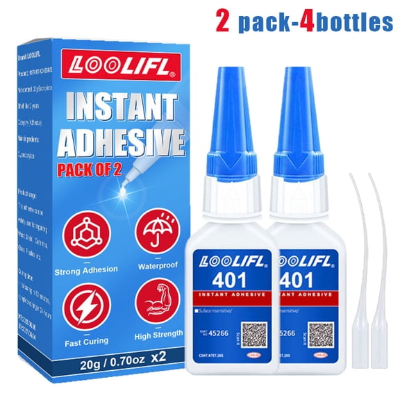 LOOLIFL 20ml 401 2pcs boxed super glue quick-drying cyanoacrylate adhesive strong fast bonding leather rubber metal wood plastic ceramic liquid glue tools, waterproof not white