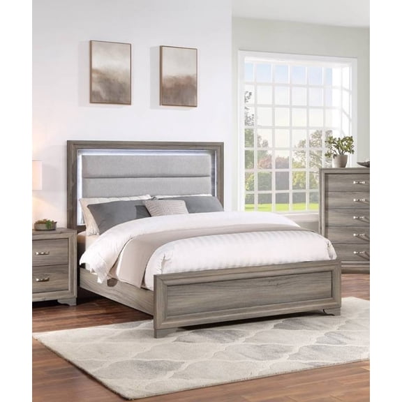 LOOM 1pc Queen Size Bed Horizontal Tufting Headboard LED Lights Light Brown Finish Bedroom Furniture