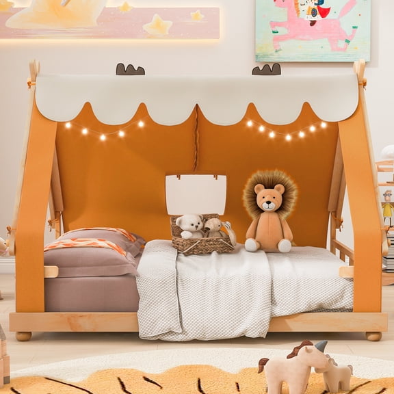 LOOM Full Size House Bed with Tent and Light,Brown
